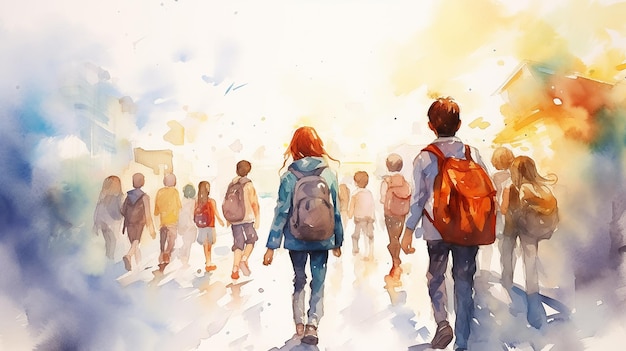 백색 하늘 배너 포스터와 함께 배을 가진 어린이들의 줄이 학교 캠프로 돌아가는 수채화 그림 디자인