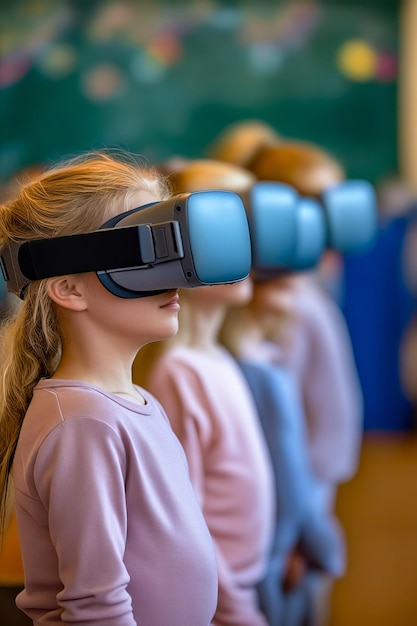 Row of children with Oculus virtual reality goggles on their heads