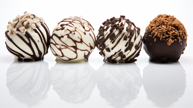 a row of chocolate covered desserts sitting on a white surface