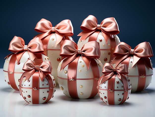 a row of chocolate easter eggs with a bow on the top.