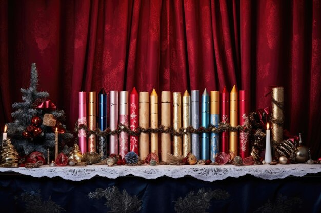 A row of christmas crackers of different sizes on a mantlepiece