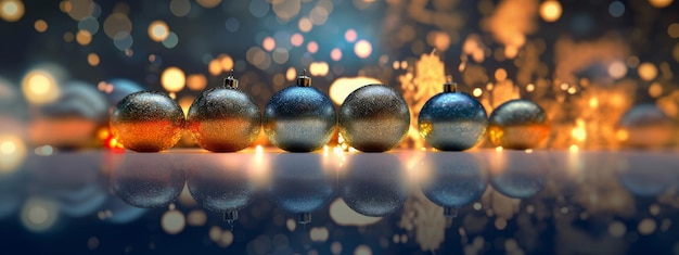 A row of christmas ornaments on a table with a blue background and the word christmas on the bottom.