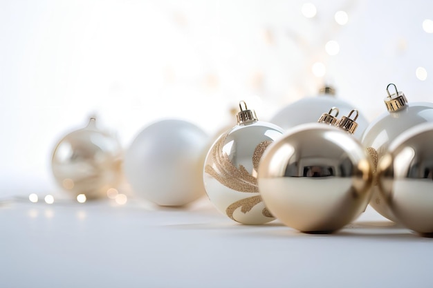A row of christmas ornaments with gold and white ornaments on a white background