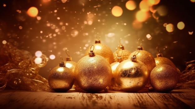 A row of christmas ornaments with lights in the background