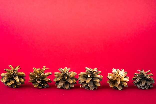 Row of Christmas tree cones on red