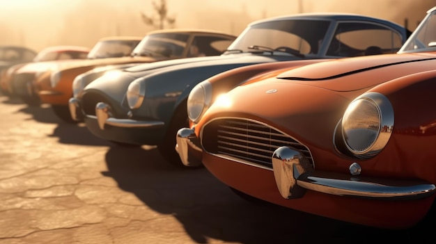 A row of classic cars are lined up in a sunset scene.