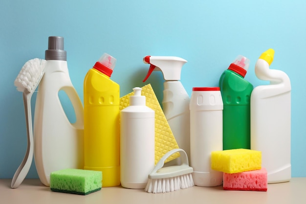 a row of cleaning products including a bottle of cleaners.