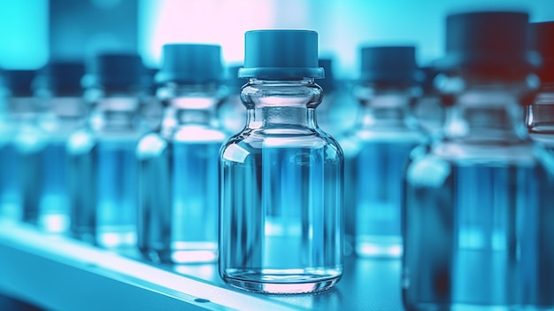 A row of clear glass bottles with blue caps and one that says'blue bottle '