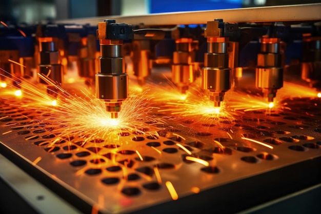 Row of cnc laser cutting of metal modern industrial technology with fire spark generative ai