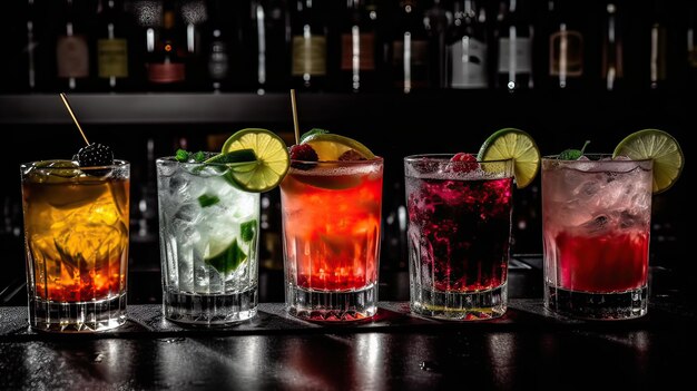 A row of cocktails on a bar