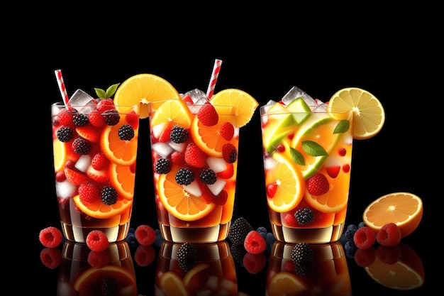 A row of cocktails with different fruits and ice cubes