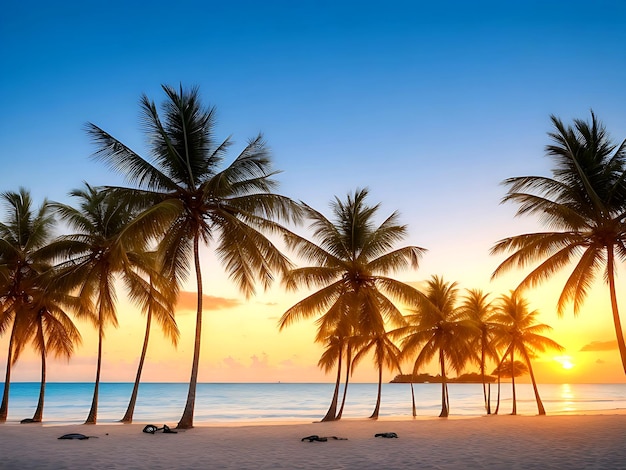 A row of coconut trees on the beach at sunset