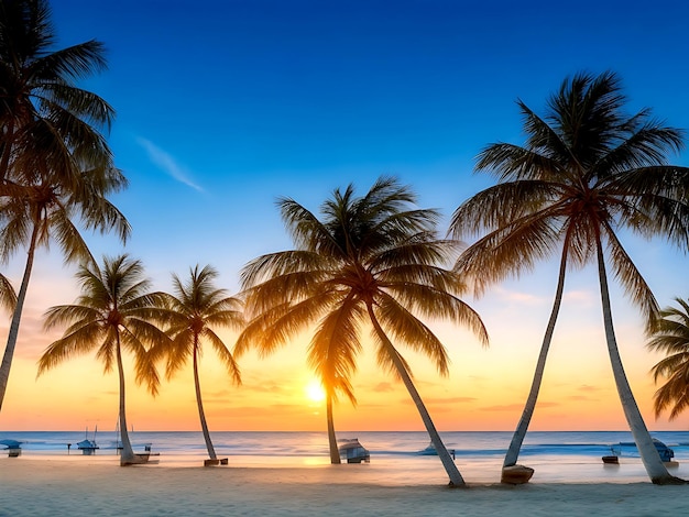 夕暮れのビーチにあるココナッツの木の列