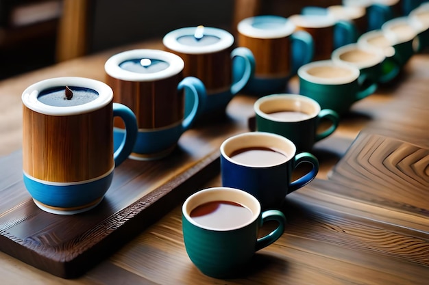 A row of coffee cups with one that says " coffee " on the bottom.