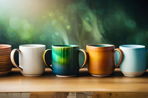 A row of coffee mugs with the words