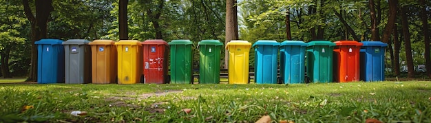 A row of colorcoded recycling bins in a park promote environmental sustainability