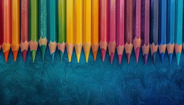 A row of colored pencils are on a blue background