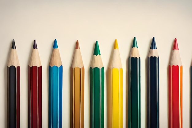 A row of colored pencils are lined up in a row.