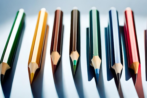 A row of colored pencils are lined up on a table.