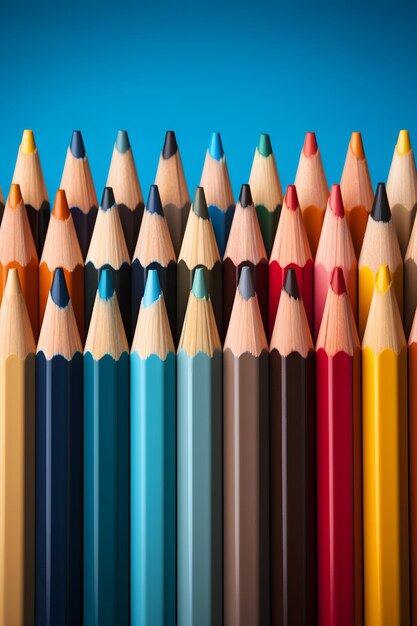 A row of colored pencils lined up against a blue background