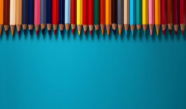 ряд цветных карандашей с голубым фоном