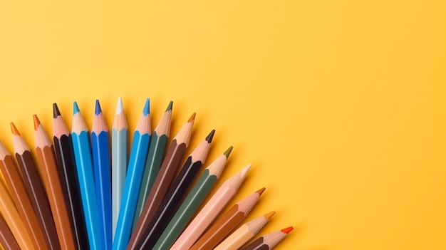 A row of colored pencils on a yellow background