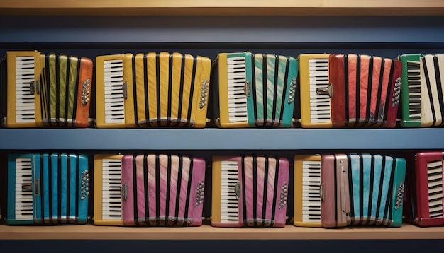 a row of colorful accordions stacked neatly on a shelf in a lively music shop