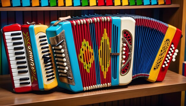 a row of colorful accordions stacked neatly on a shelf in a lively music shop