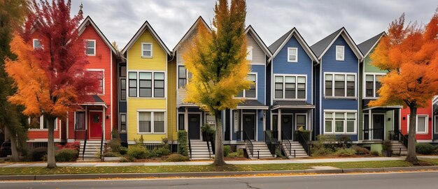 Photo a row of colorful apartment homes in a city in the style of light gray and amber