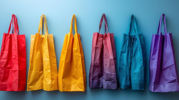 A row of colorful bags hanging on a wall next to each other on a blue background with a blue wall a