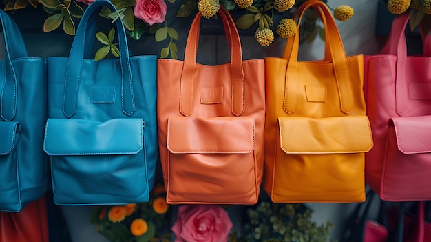 A row of colorful bags hanging on a wall with flowers in the background and a wall of flowers behind