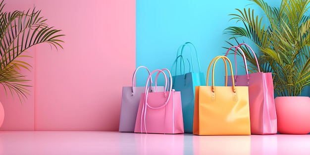 A row of colorful bags sitting next to a plant on a table in front of a wall with a blue and pink ba