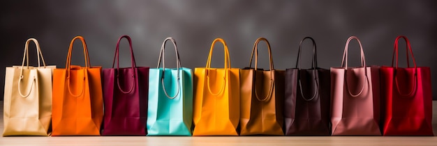 Row of colorful bags sitting on top of wooden table Generative AI