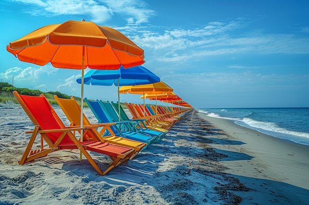 Foto una fila di colorate sedie da spiaggia con la parola spiaggia in fondo