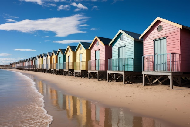 Row of colorful beach huts on a sunny day with their reflections in the sea Generative AI