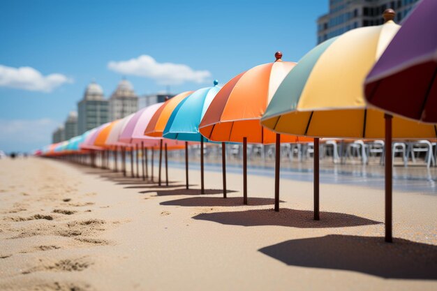 Row of colorful beach umbrellas reflected in wet sand generative ai