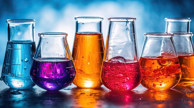 A row of colorful beakers with different colored liquids in different colors.