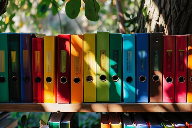Row of colorful binders on bookshelf in the garden