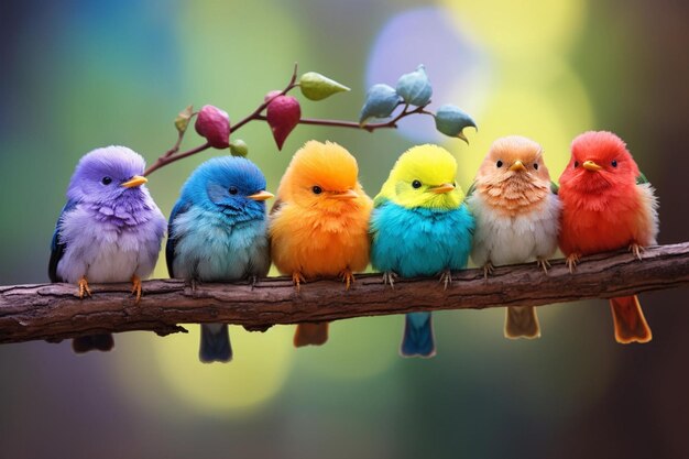 Row of colorful bird sitting together on branch in sunset