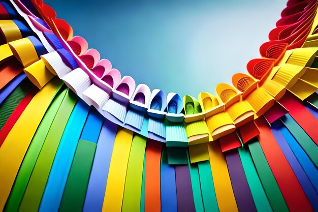 A row of colorful books with one that says rainbow colored