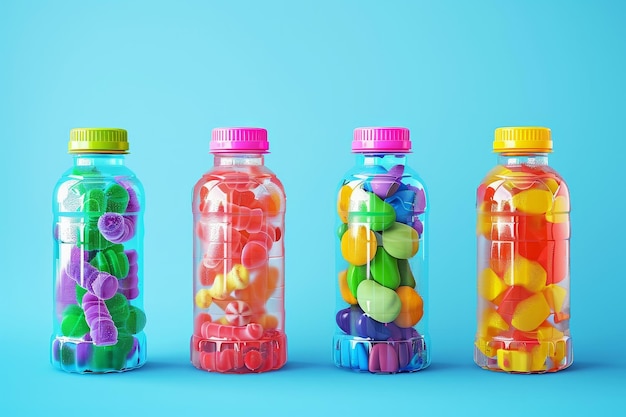 Photo a row of colorful bottles and jars of candy are lined up on a colorful background