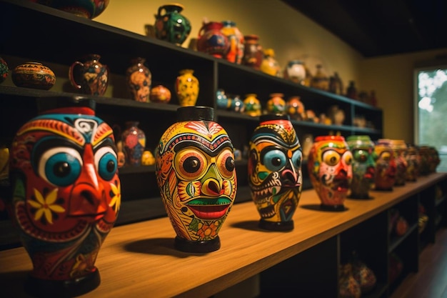 a row of colorful ceramic masks on a shelf.