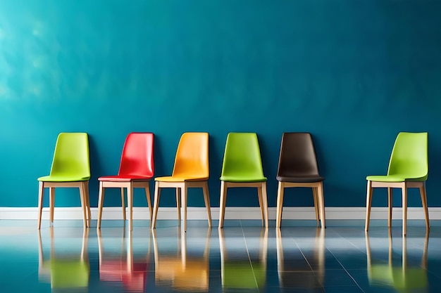 A row of colorful chairs in a row with a blue background