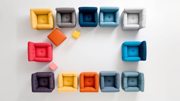 Ряд красочных стульев с разноцветными подушками на белой поверхности.