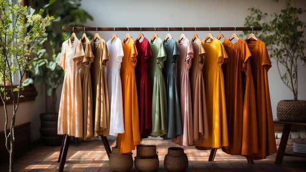 a row of colorful clothes for sale at a boutique