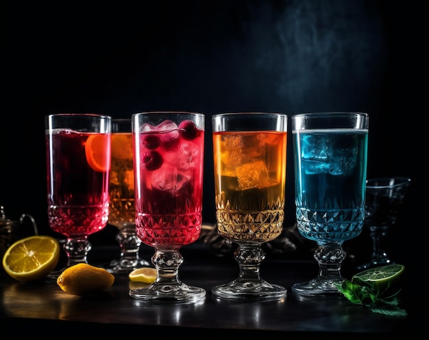 A row of colorful cocktails with a dark background