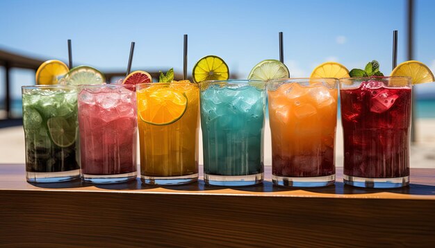 Photo a row of colorful cocktails with a wooden board that says  drink