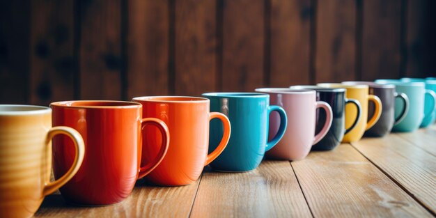 Photo a row of colorful coffee mugs on a wooden table