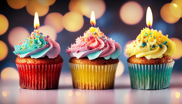 Row Of Colorful Cupcake With Candles And Bokeh Lights