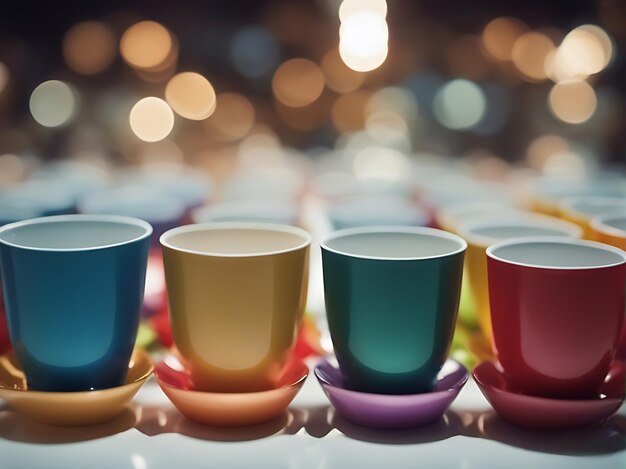 Photo a row of colorful cups with different colors of rainbow colors are lined up on a table